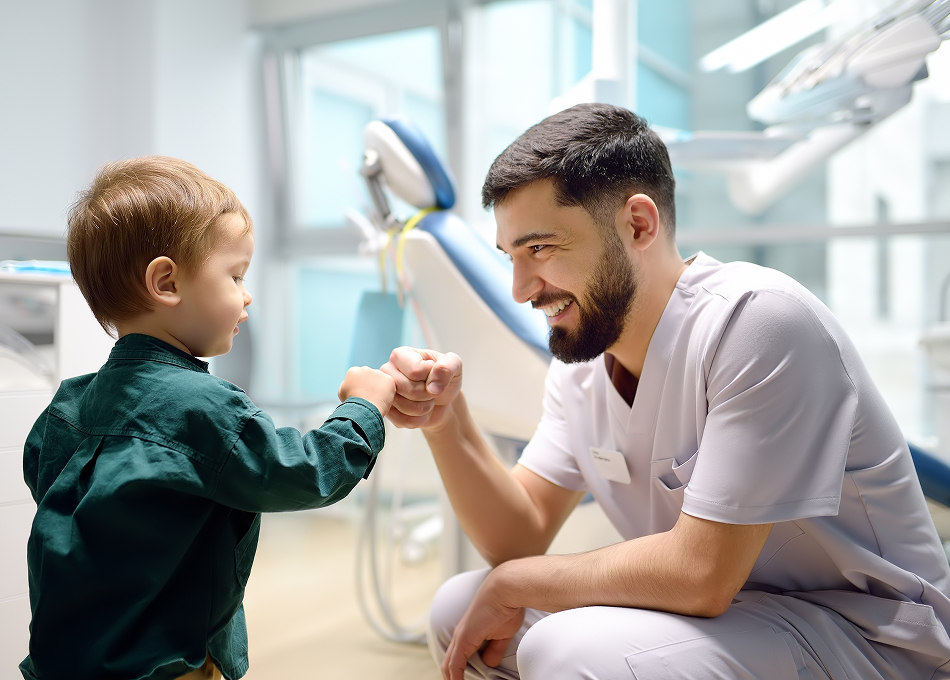 Dentist giving a fist bump to a young patient
